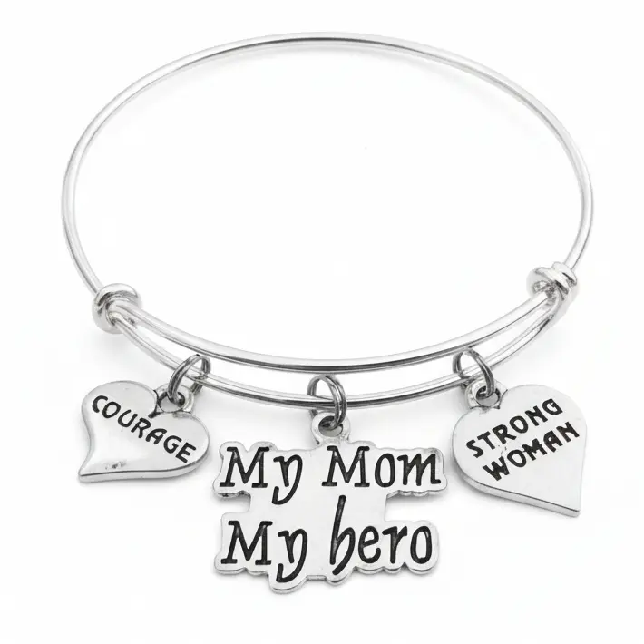 My Mom My Hero Bracelet | Courage & Strong Woman Heart Charm Bangle | Gift for Mom