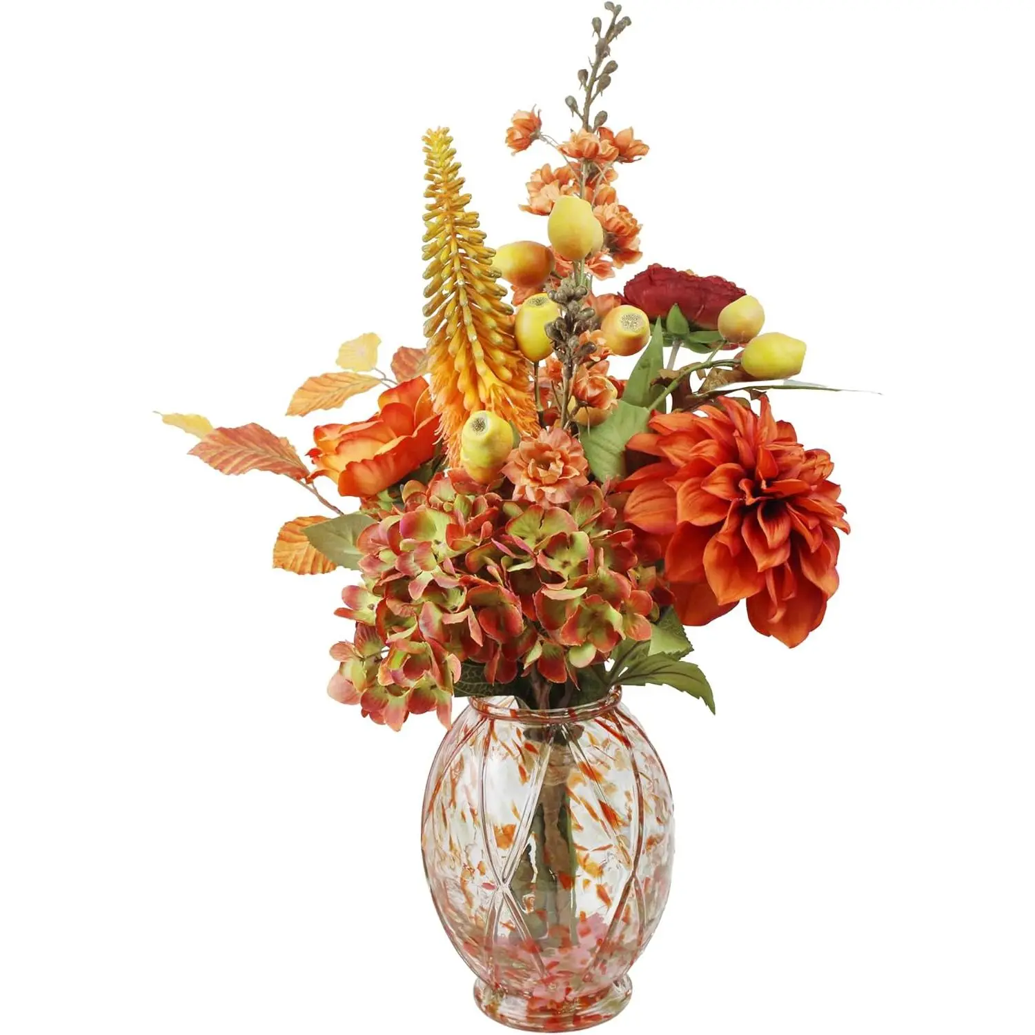 Verdeora Artificial Fall Flower Arrangement with Colored Art Glass Vase, Orange Dahlia and Autumn Foliage, 22in Height