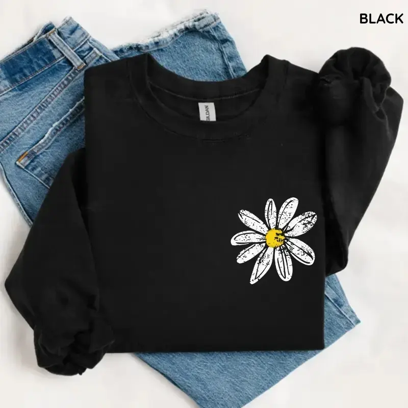 Daisy Sweatshirt, Retro Floral Shirt, Women's Casual Long Sleeve Shirt, Cotton Fabric Tops