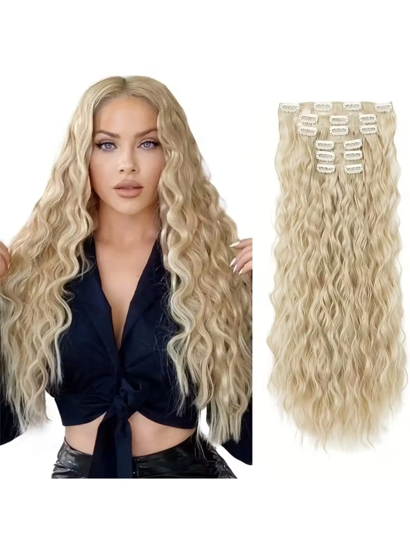 Wavy Synthetic Clip-In Hair Extensions Lightweight Daily Wear Heat Resistant Clip in Long Wavy Synthetic Hair Extension 24 Inch Beach  main image 4