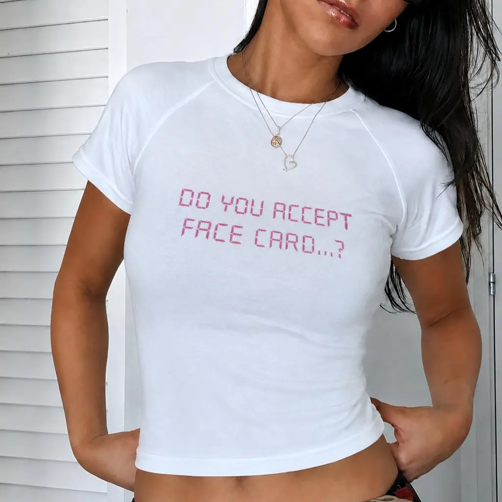 Women’s Y2K Raglan Crop Baby Tee - Funny "Do You Accept Face Card" Pink Pixel Text Graphic Short Sleeve Trendy Meme Aesthetic Casual Top for Ladies