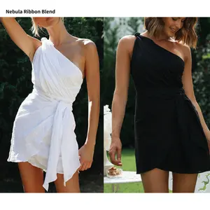 New women's dress in solid color with an asymmetrical hem, one-shoulder design, and a waist belt