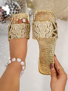 Women's Flat Metal Texture Crocodile Pattern Rhinestone Dressy Summer Sandals, Vintage Floral Embellished, Comfortable Square Toe, Perfect for Dresses, Pants and Wedding