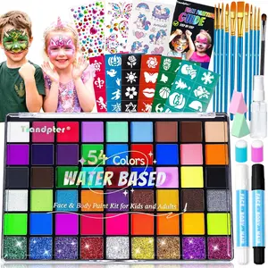 54 Color Face Painting Kit for Kids, Non-Toxic Face Paint Makeup Kit| with Stencil, Guide Book, Easy to Use and Washable Facepaint Makeup Kit for Halloween, Cosplay, School Event