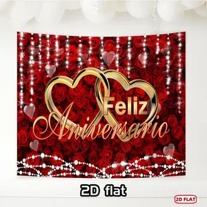 2D Flat, 2D flat banner, 1pc party backdrop Feliz Aniversario Golden Heart Theme. Suitable for party decor. Polyester wall art for garden, farm, home, room, club, cafe - Birthday & indoor