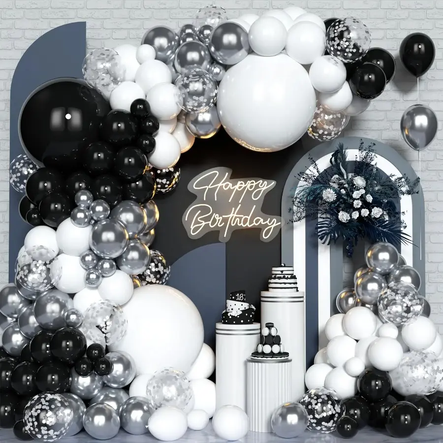 110pcs Round Black, White, Silvery Confetti Patchwork Latex Balloons Garland Arch Kit - Grad, Back to School, Thanksgiving, Father's Day Festive Home Party Supplies Decor