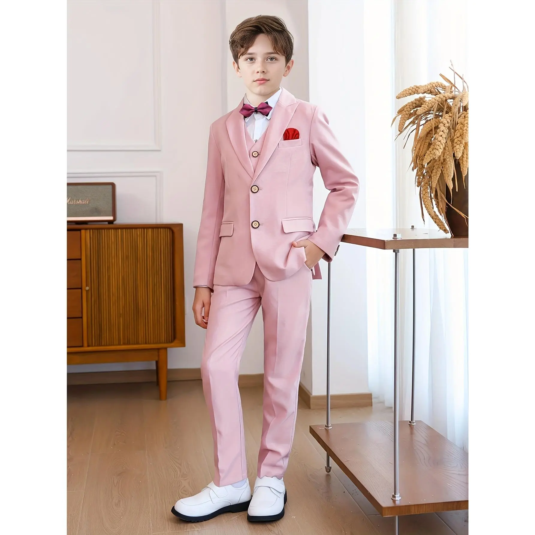 Elegant Boys' 4pcs Solid Color Gentleman Suit Set - Includes Jacket, Vest, Pants & Bow Tie - Ideal for Weddings, Birthdays, Halloween, Christmas, Thanksgiving - Stylish Korean Version of Sunshine Gentlemen Look, Machine Washable, Formal Attire, Boy Suit S