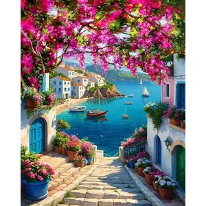 1pc 2D flat Pre-printed texture Colored canvas,DIY Scenery Paint by Numbers Kit for Adults,Unframed Landscape Paint by Number Kits on Canvas with Brushes,Flowers and Sea Oil Painting Kits for Home Wall Decor