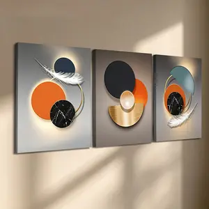 3 Pcs/Set Wooden-Framed Canvas Painting, Orange & Grey Geometric Abstract Triptych Canvas Wall Art, Feather & Marble Print, Instant Warm Tone Decor for Kitchen, Living Room & Dining Room, Modern Home Decor, Fashion Artistic Ornaments, Artwork