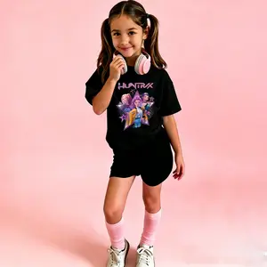 Kids Huntrx Character Print Short Sleeve T-Shirt, Girls Casual Fitted Crew Neck Tee, Premium Soft Fabric, Vibrant Cartoon Graphic, Comfortable & Durable, Ideal for Daily Wear, School, Travel & Weekend Adventures, Youthful Style for Young Girls