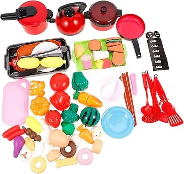 POPTOYS Kid-Safe Kitchen Playsets for Kids, Pretend Cooking Toys with BBQ Grill, Pressure Cooker, Kettle, Pots, Pans & Cutting Play Food, Christmas/Birthday Present for Boys Girls