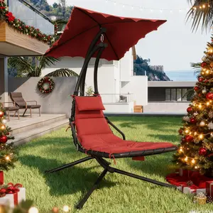 Red Chaise Lounger Swing Chair with Umbrella Canopy, Patio Hanging Chaise Lounger Chair with Stand, Curved Steel Outdoor Lounge Chairs for Indoor Patio Pool Garden Backyard Porch
