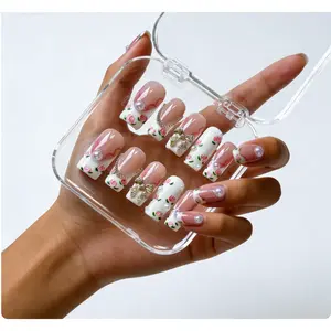 Vosplends  RoseBow, handmade 10pcs  middle coffin  press on nails , 3D flower nails,birthday gifts,Christmas Gifts Festive Christmas Nail Art Setblack friday deals red christmas Girls' Cute Press-On Kit