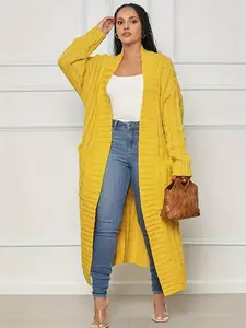 Women's Solid Drop Shoulder Pocket Cable Knit Long Cardigan, Casual Long Sleeve Open Front Knitwear for Fall & Winter, Women's Knit Clothing for Daily Wear