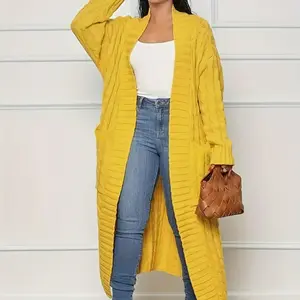 Women's Solid Drop Shoulder Pocket Cable Knit Long Cardigan, Casual Long Sleeve Open Front Knitwear for Fall & Winter, Women's Knit Clothing for Daily Wear