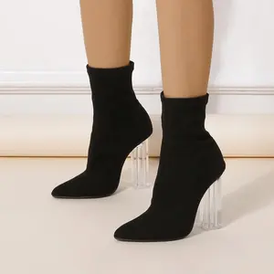 getmorebeauty Women's Ankle Boots Knit Sock Booties Clear High Heel Pointed Toe Slip On Stretch Booties for Autumn Winter Girl Footwear Black Walking Shoes Rubber Bridal Bathroom