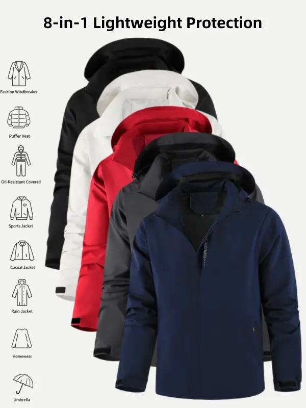Men's Lightweight Hooded Jacket - Waterproof & Windproof Breathable Activewear Coat for Hiking & Commuting, Sporty Casual Style, Menswear, Coats, Athletic, Sportswear