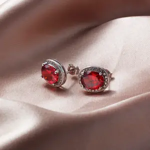 Cubic Zirconia Gemstones Earrings with Red and White CZ Accents, Made with 925 Sterling Silver and Rhodium Gold Plating