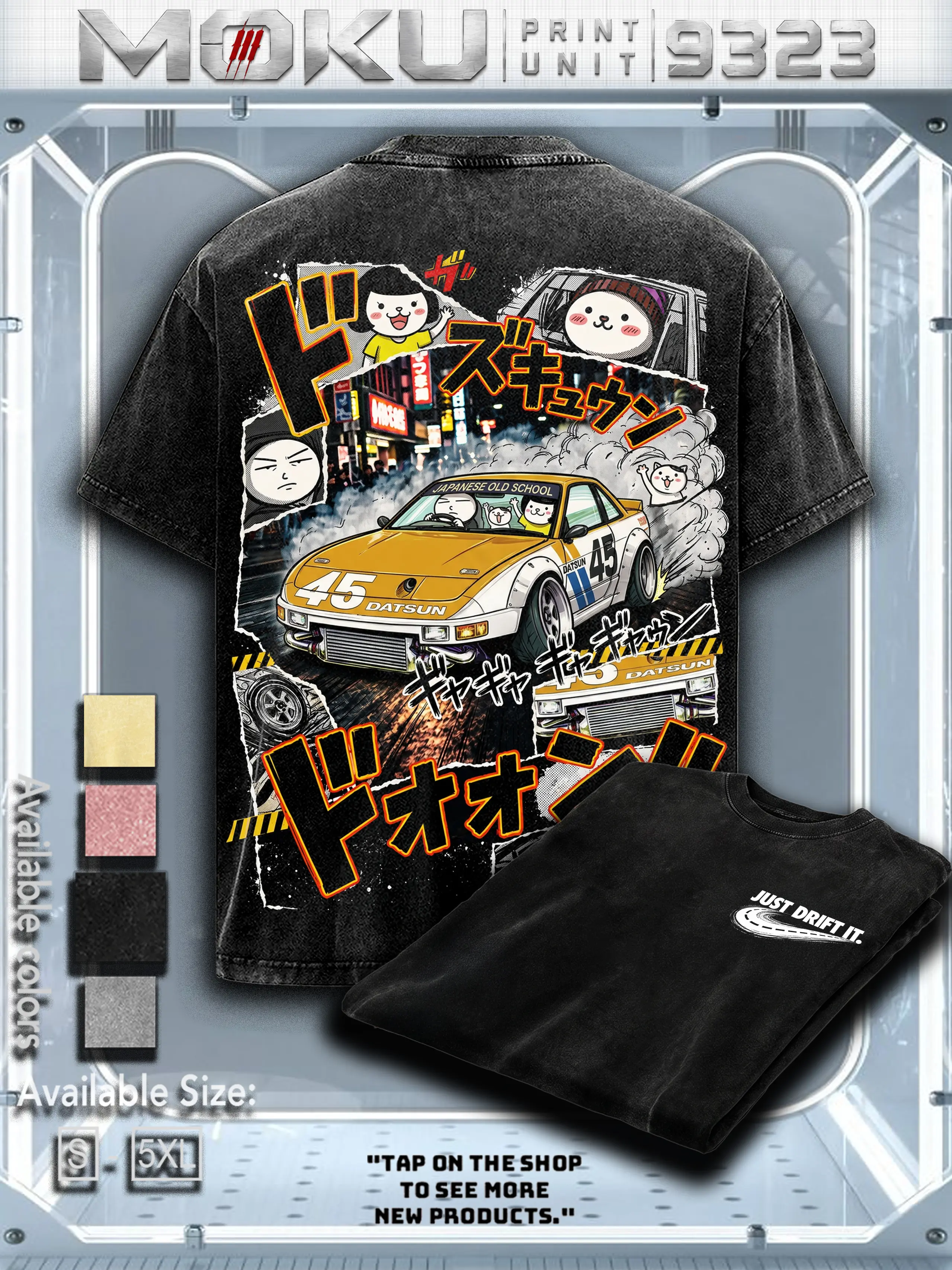Just Drift It Premium Acid Wash Vintage Washed Heavyweight Cotton Oversized Graphic T-Shirt Japanese Street Racing Manga Art Drift Culture Performance Machine Burnout Smoke Trail Streetwear Premium Quality Unisex Gift 20260721-035