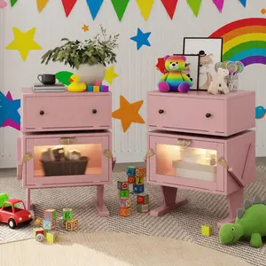 20.7" Pink Robot LED Nightstand with 360° Rotating Drawer – Modern End Table, Eco-Friendly P2 MDF & Tempered Glass Door, Adjustable RGB LED Lights, Child-Safe Design, Storage Cabinet for Bedroom, Living Room, Nursery