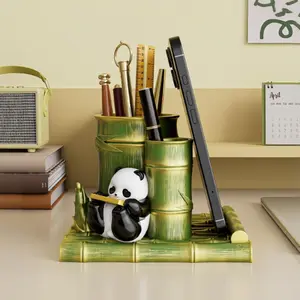 2026 Viral Cute Panda Desktop Organizer | Bamboo Style Pen Slots & Phone Holder | Healing Ornament for Study & Office
