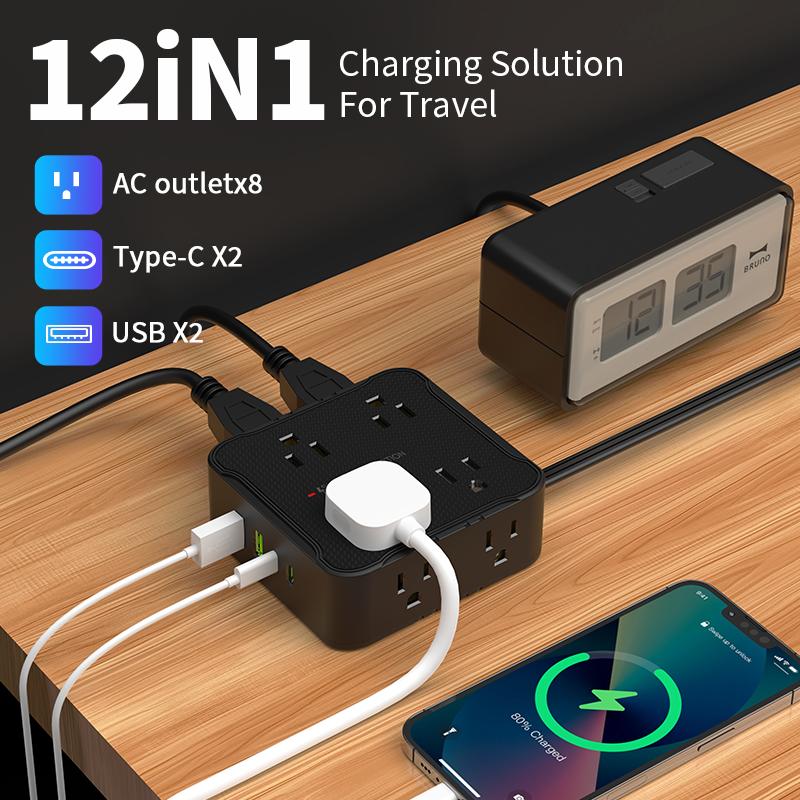 8 AC sockets,6.5FT/10FT/15FT extension cord power board,12-in-1 power board/power socket/power strip, maximum power of 1250.W, 10A, 2 USB 2Type-C, suitable for home, office, travel and computer.