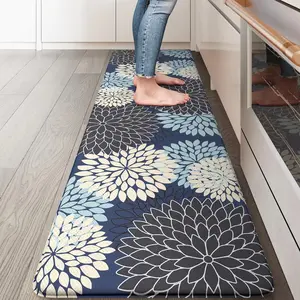 KIMODE Anti Fatigue Kitchen Mat Cushioned Floral Kitchen Runner Non Slip Memory Foam Kitchen Mat for Floor Waterproof Standing Desk Mat for Laundry Office Sink Mutil-Blue 17.3"x59"