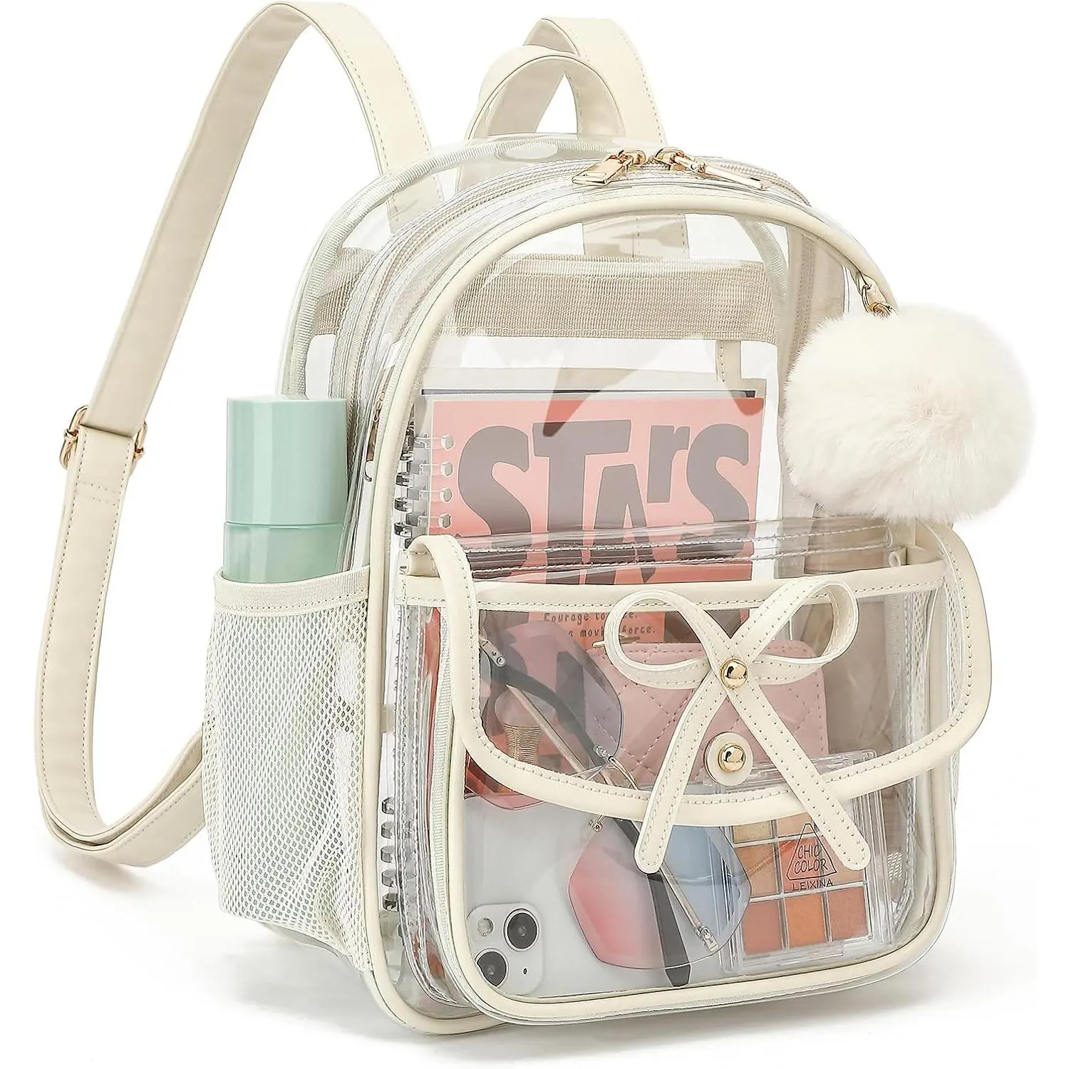 Clear Backpack for Stadium Events 12x12x6, Thick PVC Small Clear Bag with Leather Trim Fashion Women Backpack