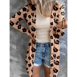 Women's Leopard Print Drop Shoulder Cardigan, Casual Long Sleeve Open Front Knitwear for Spring & Fall, Fashion Women's Knit Clothing for Daily Wear