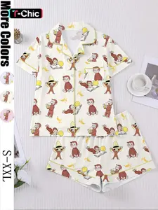 Monkey Banana Pajama Set Women, Fun Animal Print Sleepwear, Short Sleeve Button Top and Shorts, Casual Lounge Gift Idea