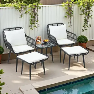 5 Pieces Patio Wicker Furniture Set,  Rattan Bistro Set with Removable Thickened Cushions, All-Weather Durable Rattan Furniture for Porch, Balc  outdoor couch glass table
