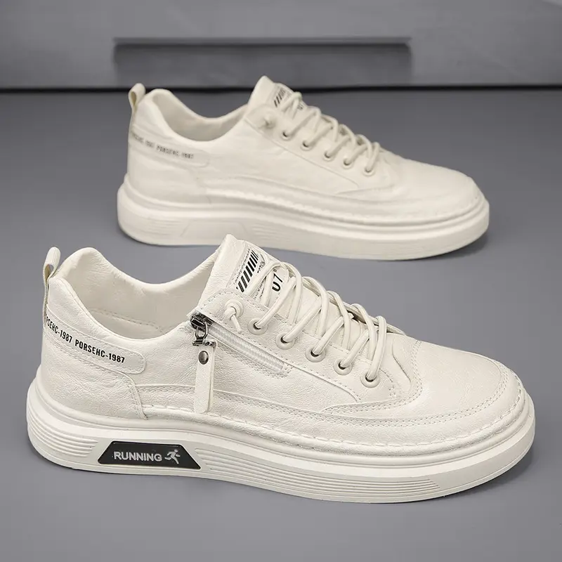 Classic White Leather Sneakers with Side Zipper & Chunky Platform Sole – Timeless Lace-Up Design + Comfortable Fit for Everyday Wear and Effortless Style