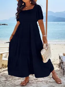 Women's Plus Size Fashion Casual Vacation Dress, Elegant Chic Loose-Fitting Midi Dress, Short Sleeve Woven Fabric, All Seasons Wear