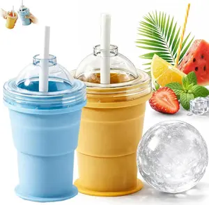 [Backyard Party Vibe] Folding Silicone Ice Hockey Water Cup - Collapsible Drinkware with Spherical Ice Cube Mold, Leakproof Travel Sports Mug Summer Kitchen Gadgets for Whiskey Ball