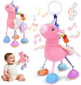 Car Seat & Stroller Toy for Girl - Musical Sensory Plush with Rattle & Mirror Baby Toys 0-12 Months Hanging Travel Carseat Toys Soft Squeaky Stuffed Animal Unicorn for Babies Gifts