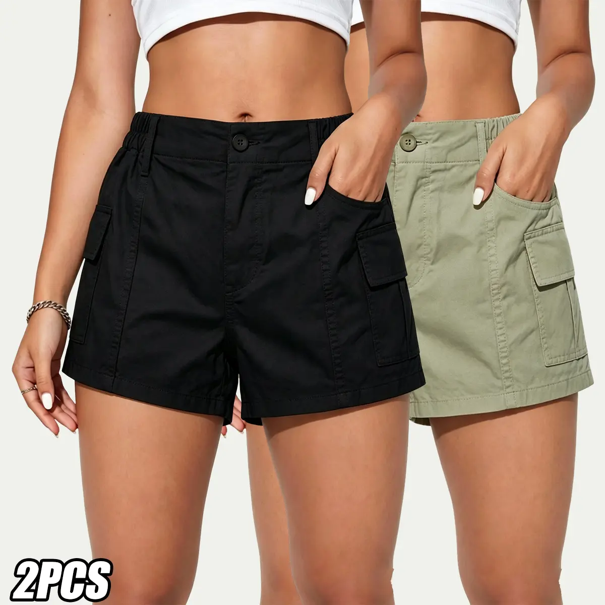 Women's 2-pack Basic Cargo Casual Bottoms Shorts - Practical Multi-pocket Design for Phone & Keys, Comfortable Loose Fit, Suitable for Travel, Hiking