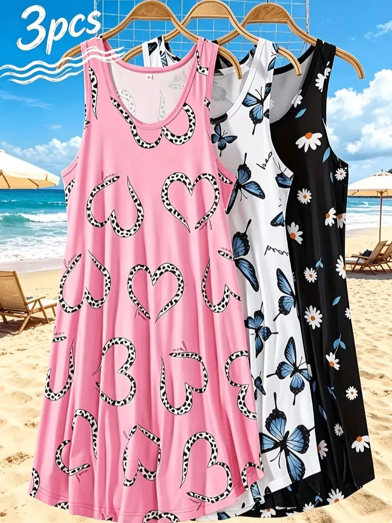 Women's Plus Size 3pcs Summer Pajama Set-Lightweight Flowy Nightgown with Matching Shorts & Cami, Extra Soft Microfiber Sleepwear for Heavy Women-Anti-Stick Breathable Loose Fit Nightdress for Menopause Night Sweats & Humid Weather, Cute Floral Pj's