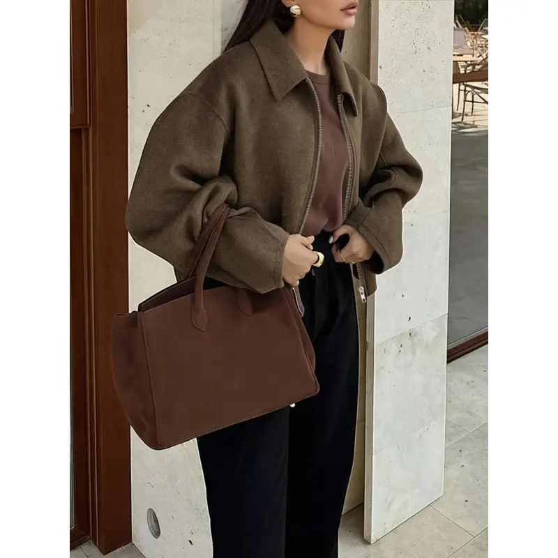 Women's Multi-Size Collared Jacket - Minimalist Solid Beige Polyester, Zip-Up Closure, Relaxed Fit for Professional Office Wear