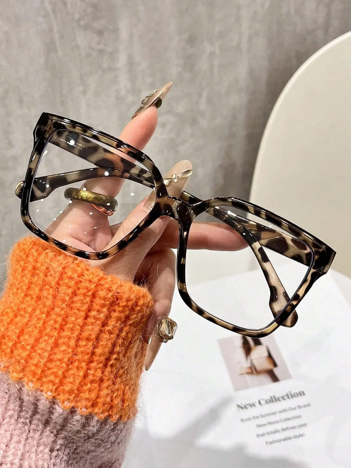 Bohemian Style Large Square Transparent Glasses, Trendy Square Frame, Square Frames, Women's Fashion Leopard Print & Solid Color, Leopard Pattern Eyeglasses, Stylish Eyeglass, PC Polyester Material, Full Frame Design, Stylish Eyewear