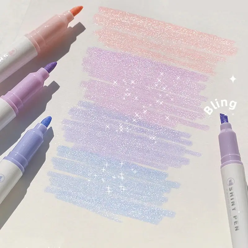Glitter Highlighter Pen, 1 Count 4 Colors Fine Tip Highlighter Pen, Colorful Marker Pen for School Home Dormitory Office, High Aesthetic Value