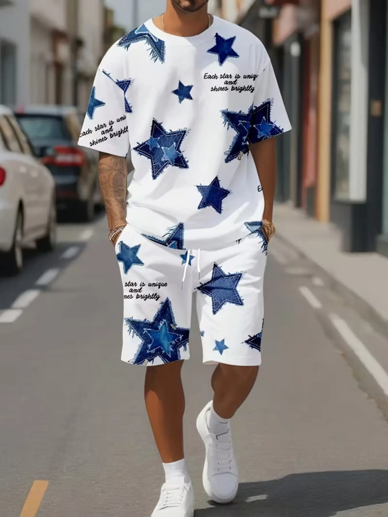 Men's Casual Sportswear Short Sleeve Tee + Shorts Set, Outdoor Comfortable Wear, Athleisure Street Fit, Geometric Pattern, Fitted H-Type Silhouette