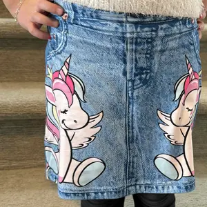 Girl's Cartoon Unicorn Print Denim-effect A Line Skirt, Fashion Casual Cute Skirt for Daily Outdoor Wear, Girls Bottoms for All Seasons