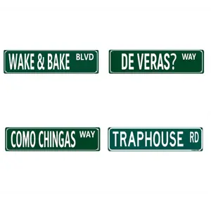 Vintage Green Aluminum Tin Sign Bundle (16x4in) - Aluminum-Based Home Signs, Room Decor, Traphouse Rd Wake & Bake Blvd Como Chingas Way De Veras Way Slogan, Waterproof Pre-Drilled Metal Plaque, Garage Gift, Local US Shipping