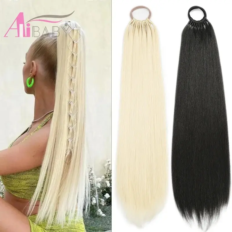New 24 32 Inch Straight Ponytail With Elastic Band Synthetic Ponytail Extension Wrap Around Heat Resistant Pony Tail for Women