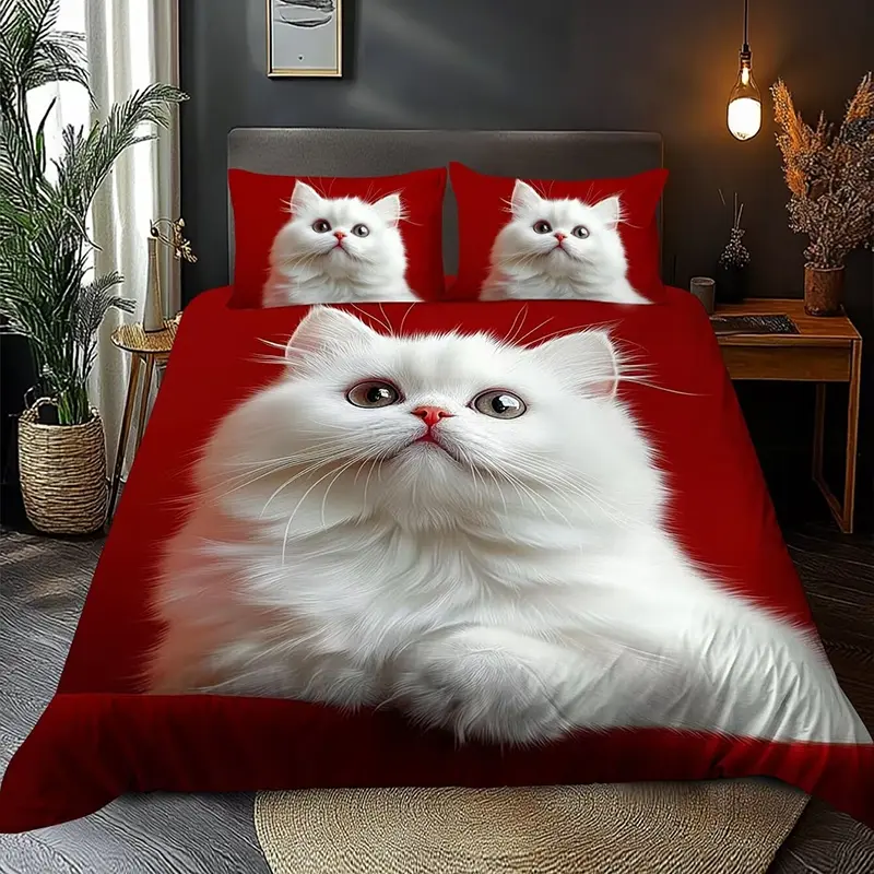 Cute Cat Pet Digital Print Bedding Set, 3pc( 1 duvet Cover + 2 Pillowcases), High Weight 110g/m2 Comfortable Soft Machine Wash