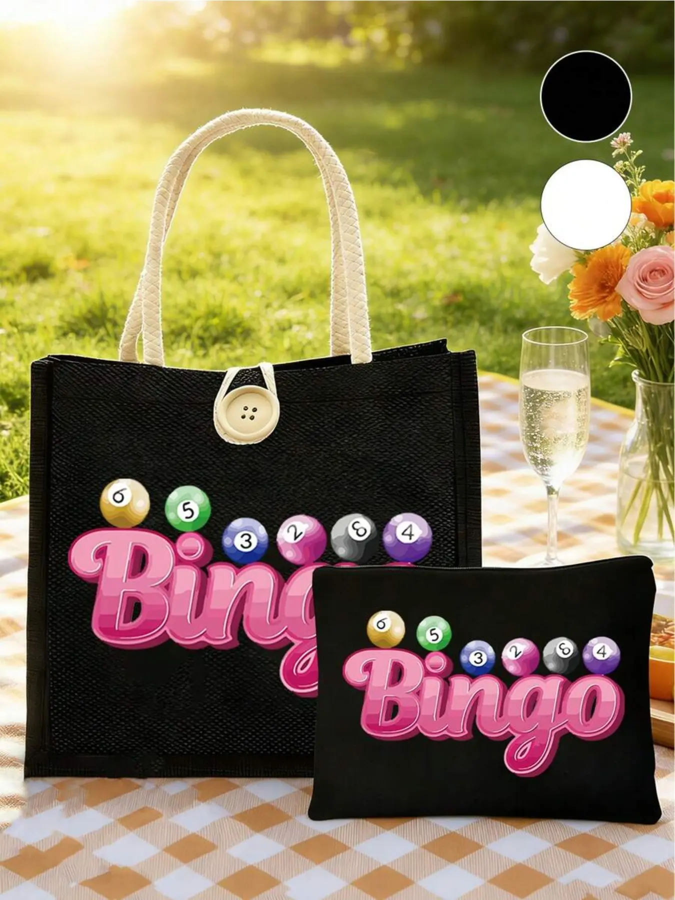 Pink bingo pattern casual linen tote bag set, including a bingo pattern women's handbag and wallet, large-capacity women's bag, reusable cloth shopping bag, portable makeup bag, multifunctional shopping bag, Fashion Patterned Bag, Casual Trendy Purse