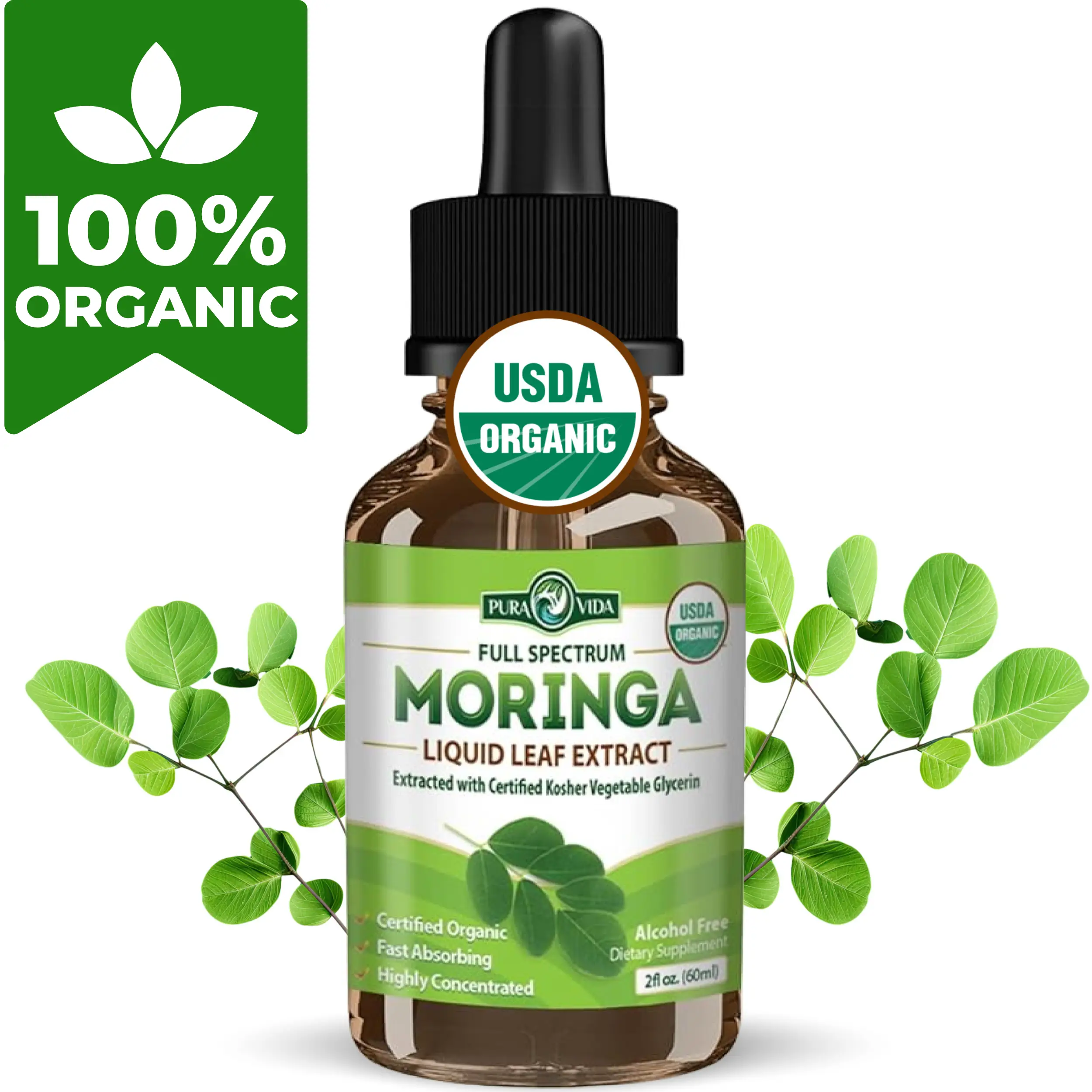 Moringa Extract Drops - Pura Vida Moringa. Energy, Metabolism, & Immune Support. 2oz. 30 Servings. Supplement Healthcare