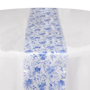 Satin Table Runner 12"x108" White with Blue French Toile Floral Pattern - Classic Accent for Formal Gatherings