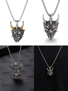【PANG Jewelry】Oni Mask Samurai Necklace Stainless Steel Pendant Hip Hop Gothic Chain for Men Layering Streetwear Jewelry