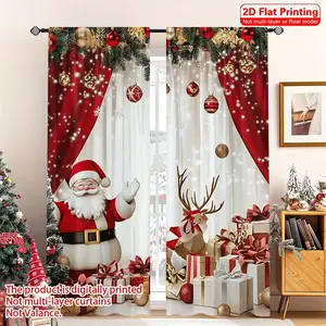 2pcs 2D Flat Printing Cartoon Santa Claus Design Christmas Curtains, Decorative Window Drapes, Window Treatments for Bedroom Living Room, Home Decoration, Room Decoration (Not Muti-Layer Curtains)